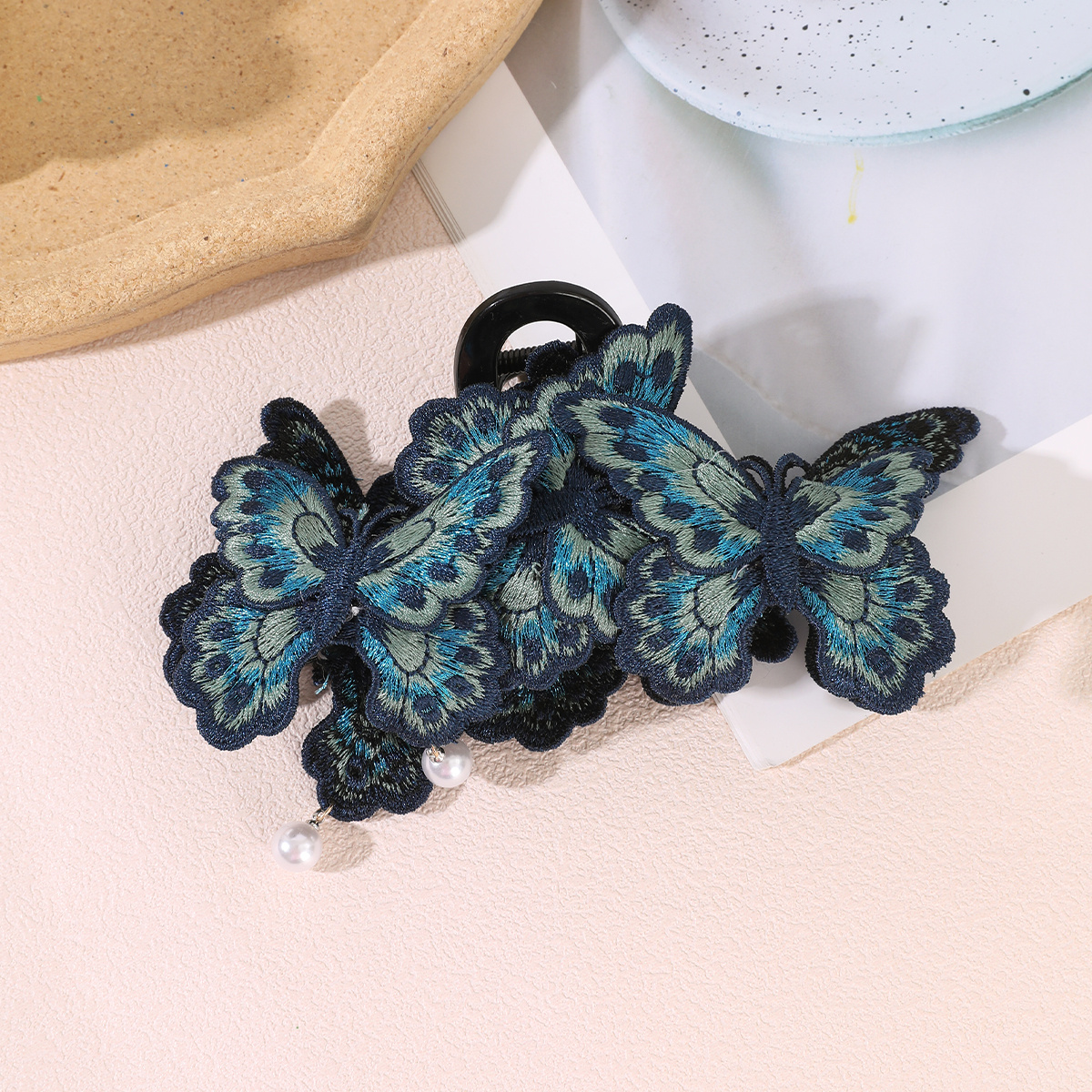 Vintage Teal Butterfly Embroidered Hair Claw Clip, Elegant Accessory
